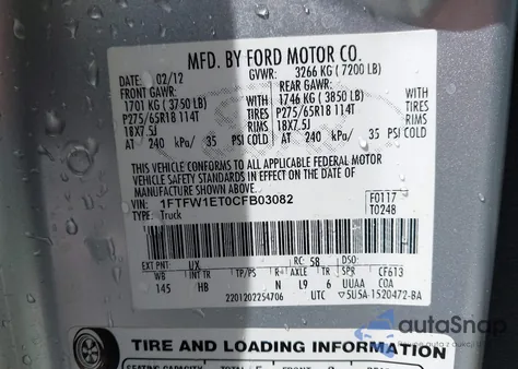 2012 Ford F-150 Xl/Xlt/Fx4/Lariat/King Ranch/Platinum z USA, uszkodzony, nr VIN 1FTFW1ET0CFB03082